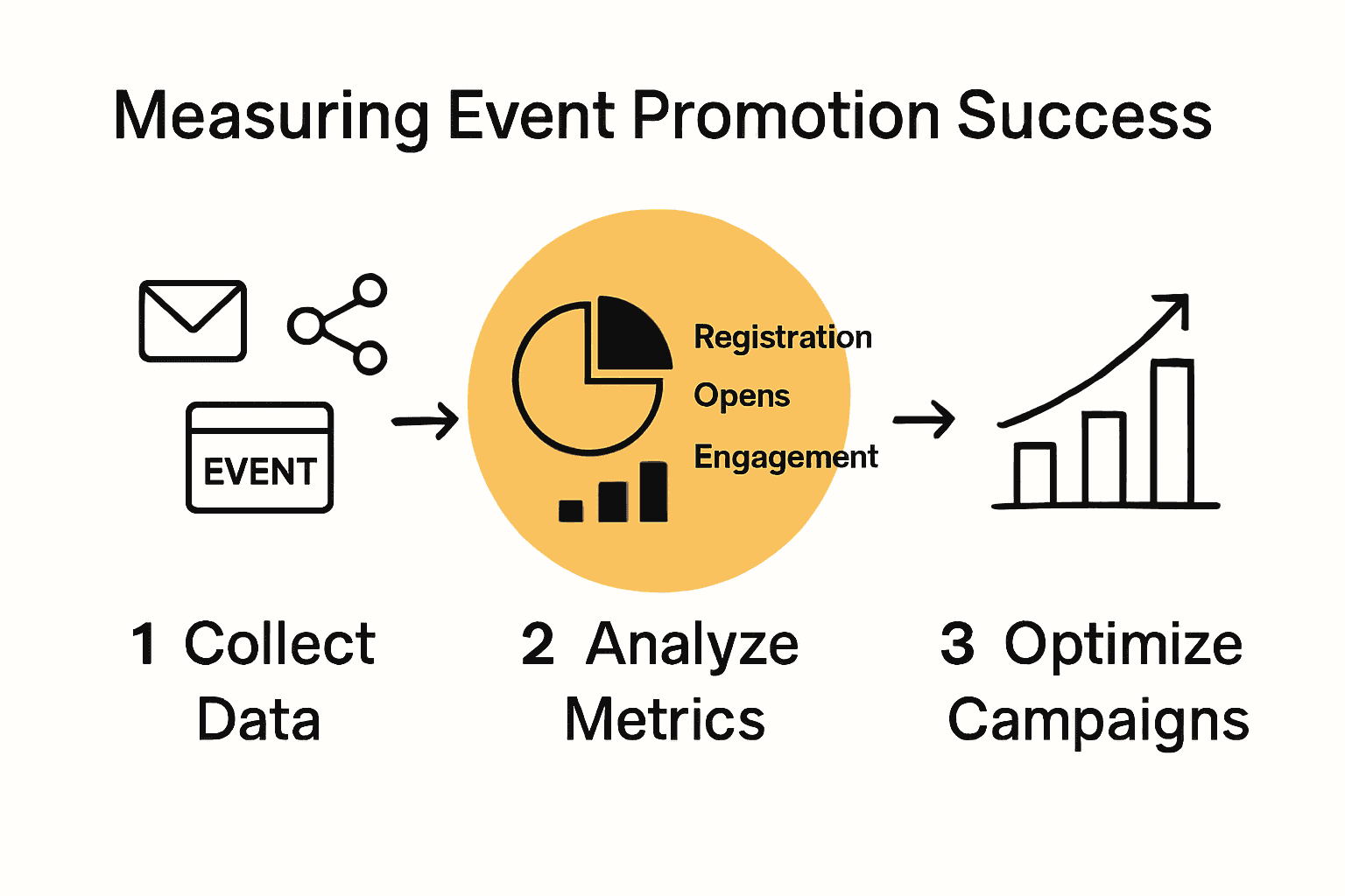 Infographic of event promotion measurement process with icons and chart